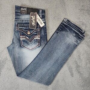 True Luck Jeans Mens 32x32 Straight Fit Stretch Denim Blue Wash Flap Pockets NWT